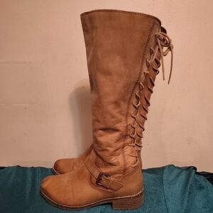 Genuine Leather Sofft Tan Knee-High Lace-Up Back Boots Woman's Size 8 bohemian
